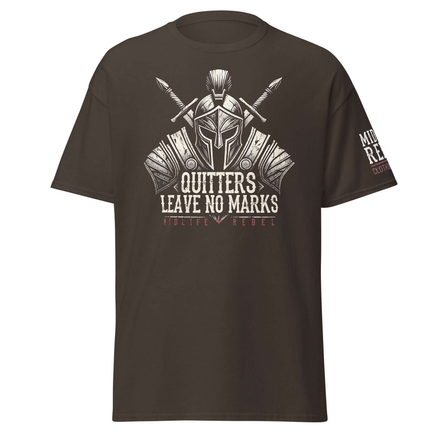 "Quitters Leave No Marks Viking-inspired tee, featuring a warrior helmet and swords design with Norse patterns on a black shirt."