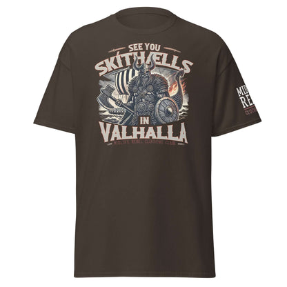 Midlife Rebel Unisex Tee with Viking-inspired design and "See You Skíthælls in Valhalla" text on a dark shirt.