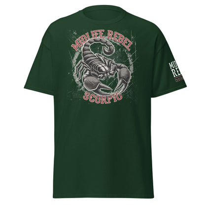 Scorpio Scorpion Zodiac T-shirt in dark green featuring Midlife Rebel design, perfect for astrology enthusiasts seeking intense style.