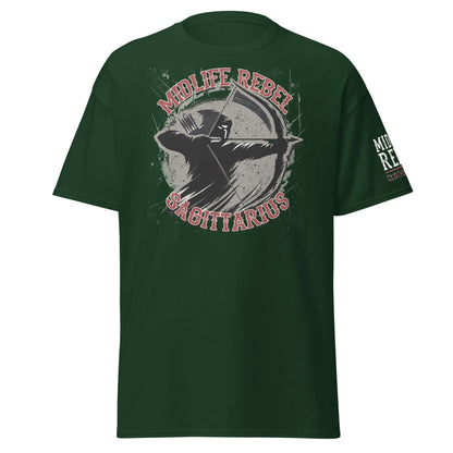 Sagittarius Archer Zodiac T-shirt featuring Midlife Rebel design on a dark green cotton tee, symbolizing freedom and adventure.