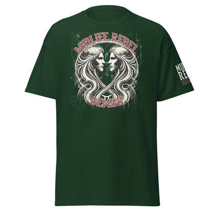 Green Gemini Twins Zodiac T-shirt with abstract gritty twin design for astrology enthusiasts by Midlife Rebel.