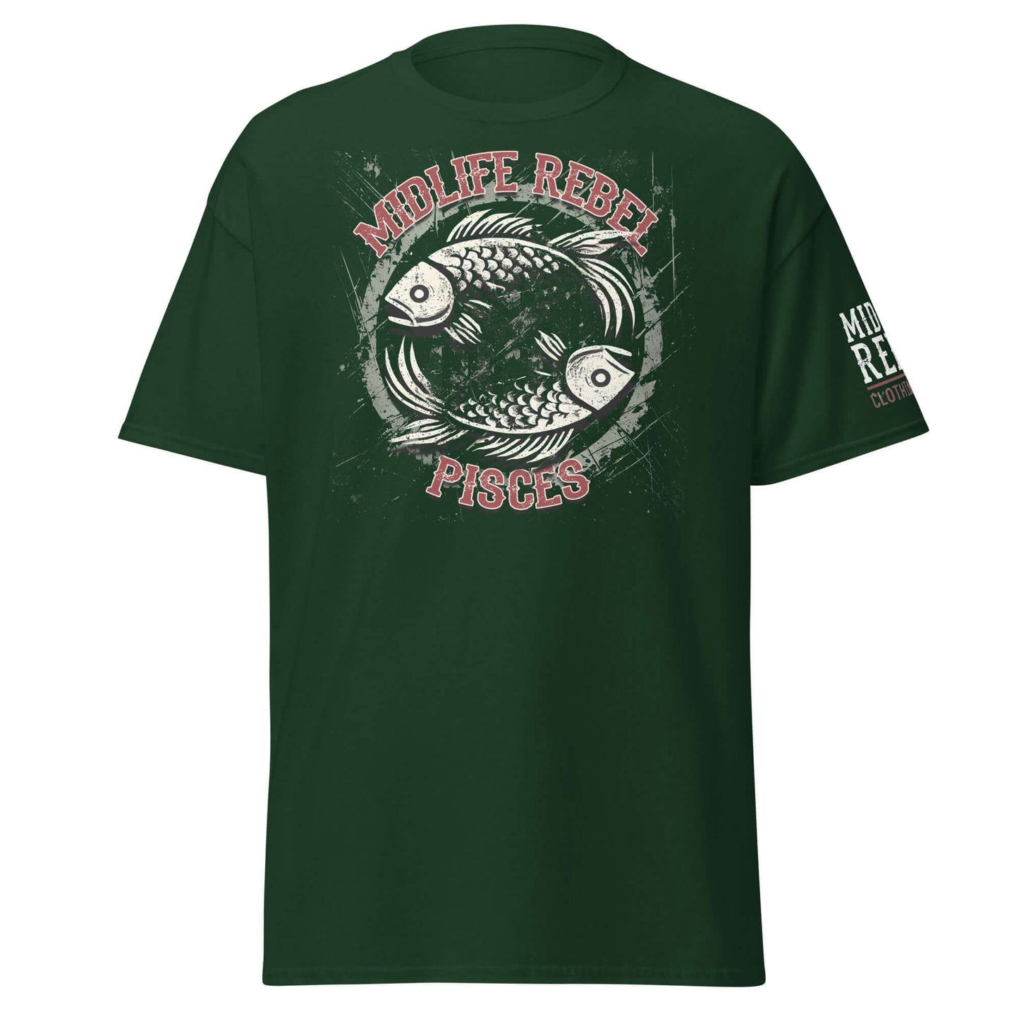 Green Pisces Zodiac T-shirt featuring fish design and "Midlife Rebel" text, perfect for astrology enthusiasts.