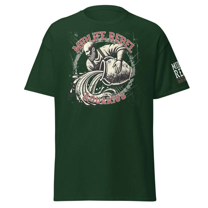 Aquarius Water Bearer Zodiac T-shirt with Midlife Rebel design on green cotton fabric.