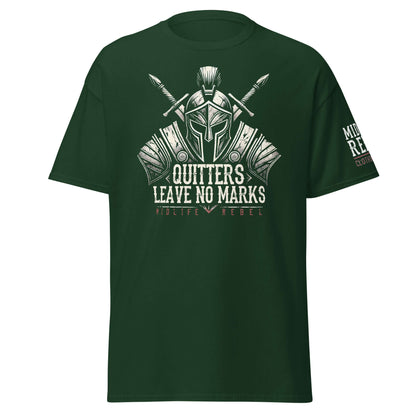 Unisex tee with "Quitters Leave No Marks" Viking design, featuring Norse patterns and chest plate, symbolizing warrior spirit.