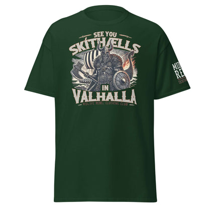 "Midlife Rebel unisex tee with Viking design and 'See You Skíthælls in Valhalla' message in green fabric."