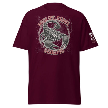 Burgundy Scorpio Zodiac T-shirt featuring a detailed scorpion design, embodying intensity and transformation, 100% cotton unisex style.