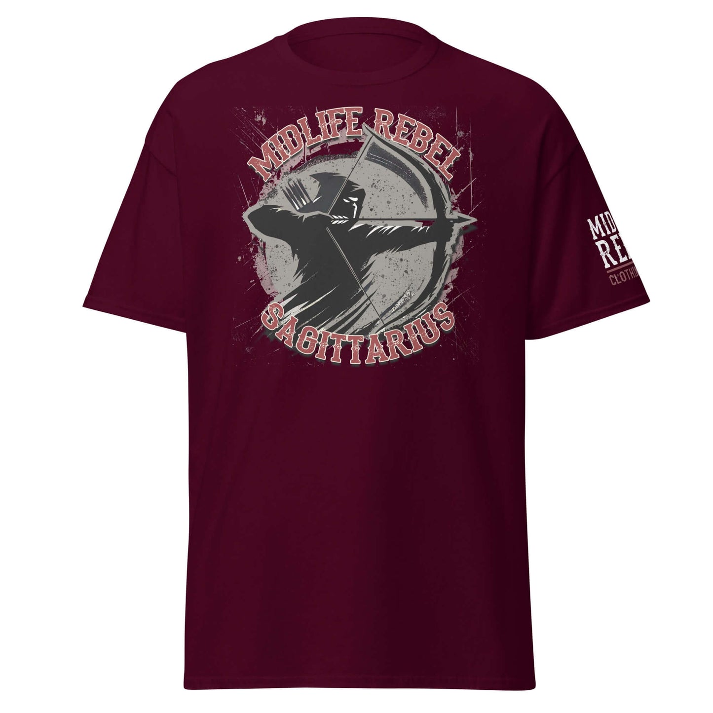 Sagittarius Archer Zodiac T-shirt with Midlife Rebel design on burgundy cotton fabric.