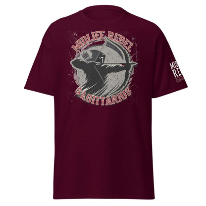 Sagittarius Archer Zodiac T-shirt with Midlife Rebel design on burgundy cotton fabric.