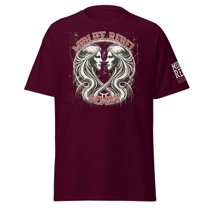 Maroon Zodiac T-shirt with abstract Gemini twins design and "Midlife Rebel" text, perfect for astrology enthusiasts.