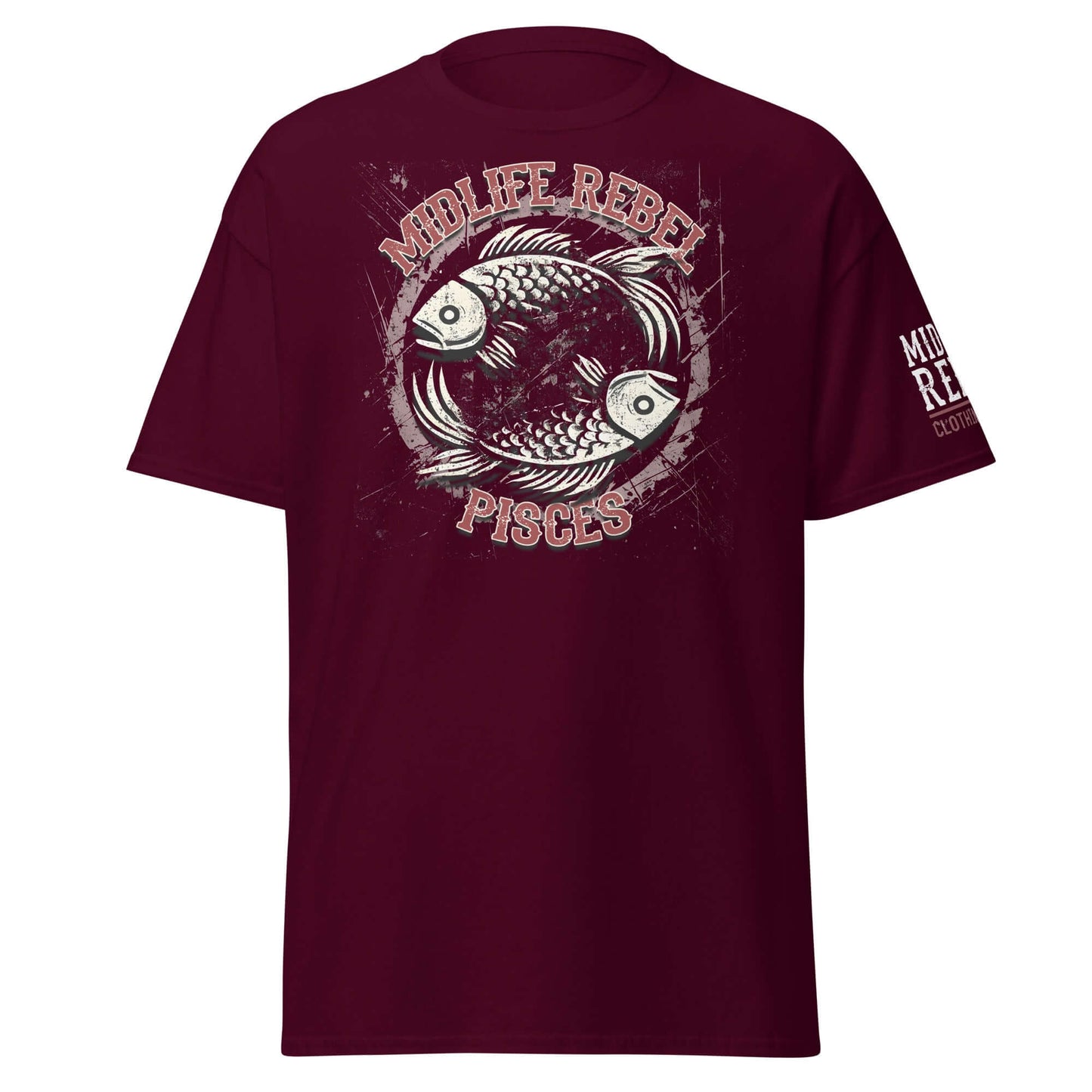 Maroon Pisces Fish Zodiac T-shirt featuring astrology-themed design with dual fish, ideal for expressing intuition and creativity.