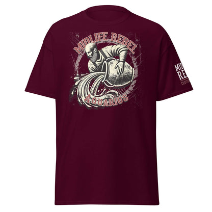 Maroon Aquarius Water Bearer T-shirt with Midlife Rebel design, featuring a vintage water pouring graphic for astrology enthusiasts