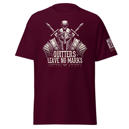 Viking-inspired maroon tee with "Quitters Leave No Marks" design featuring armor, swords, and Norse patterns for midlife rebels.