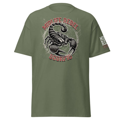 Olive green Scorpio Scorpion Zodiac T-shirt featuring Midlife Rebel design, astrology apparel for a bold and intense look.