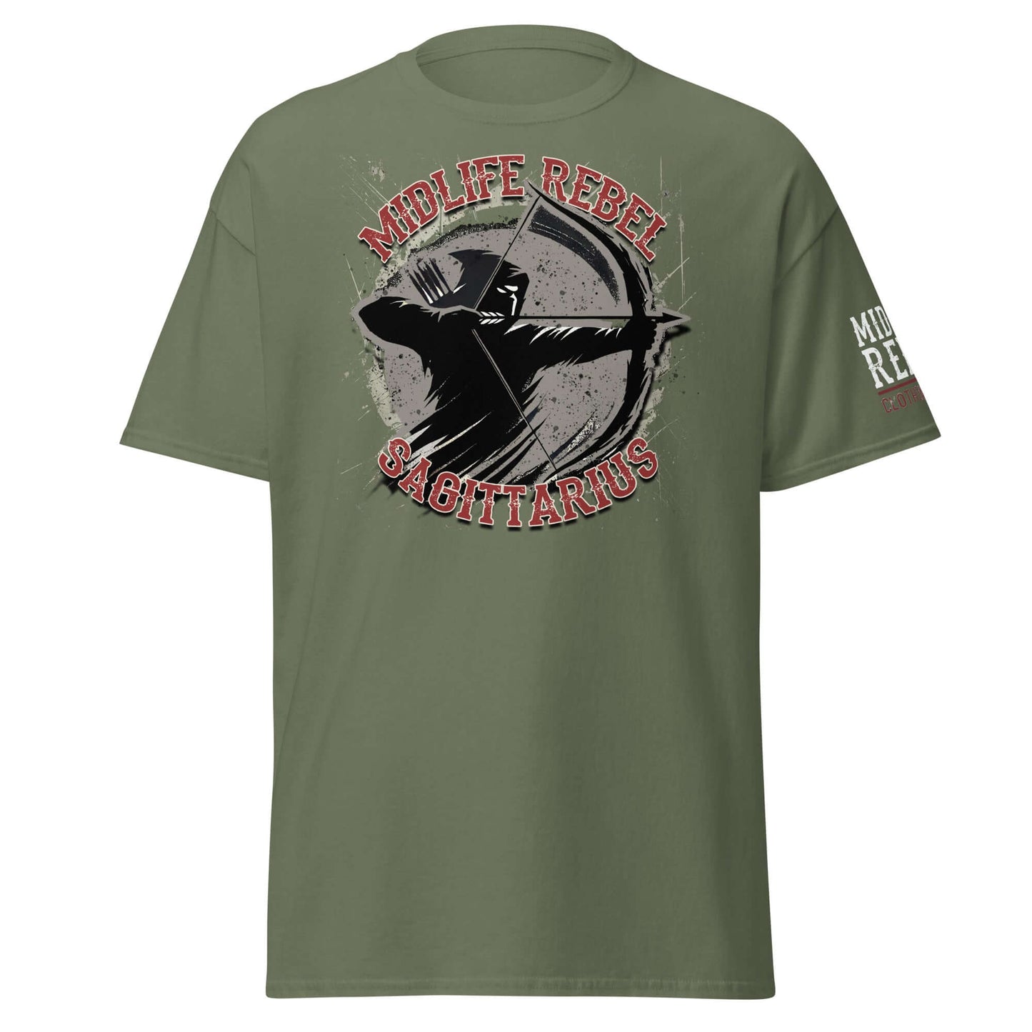 Sagittarius Archer T-shirt in olive green featuring Midlife Rebel design with archer graphic for astrology enthusiasts.