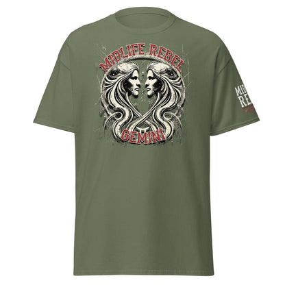 Gemini Twins Zodiac T-shirt with abstract design and text "Midlife Rebel" on a green cotton tee, perfect for streetwear.