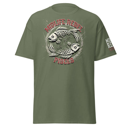 Olive green Pisces Zodiac t-shirt featuring two fish design with "Midlife Rebel" text, perfect for astrology enthusiasts.