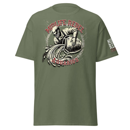 Olive green T-shirt featuring a Midlife Rebel Aquarius Water Bearer design, reflecting astrology and innovation with a rebellious touch.