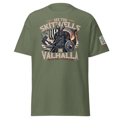 "Olive green unisex tee with Viking warrior 'See You Skíthælls in Valhalla' design."