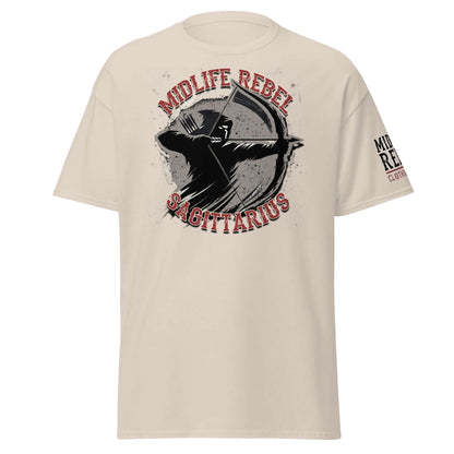 Sagittarius Archer T-shirt with Midlife Rebel design in grey, featuring a silhouette of an archer symbolizing adventure and freedom.