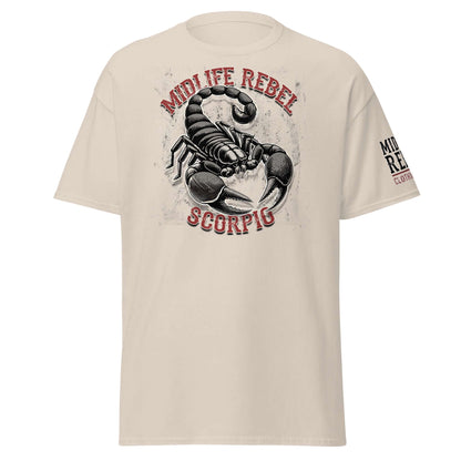 Scorpio Scorpion Zodiac T-shirt with Midlife Rebel design, astrology apparel in beige, featuring intense scorpion graphic.