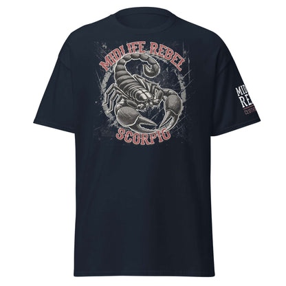 Scorpio Scorpion Zodiac T-shirt featuring Midlife Rebel design, unisex black tee with bold astrology graphic.