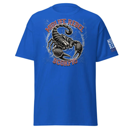 Blue Scorpio Scorpion zodiac T-shirt featuring Midlife Rebel design for intense, transformative style in 100% cotton.
