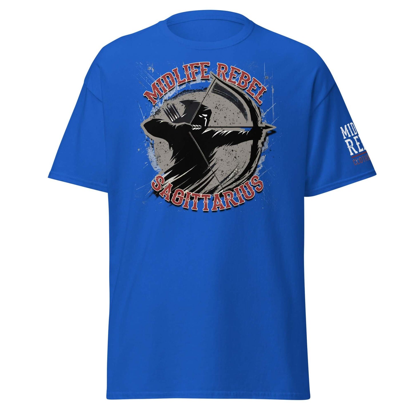 Blue t-shirt with "Midlife Rebel Sagittarius" archer design, symbolizing adventure and passion for astrology enthusiasts.