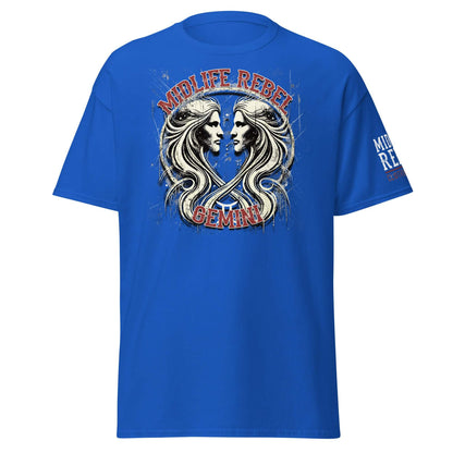 Blue Gemini Twins Zodiac T-shirt featuring abstract twin design celebrating Gemini's duality, perfect for astrology enthusiasts.
