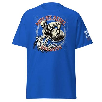 Blue Aquarius Water Bearer T-shirt with bold Midlife Rebel design for innovative and rebellious astrology enthusiasts.