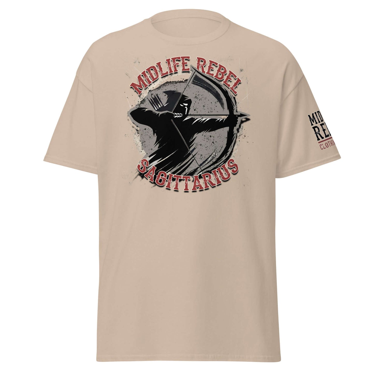 Sagittarius Archer T-shirt with Midlife Rebel design in grey, featuring a silhouette of an archer symbolizing adventure and freedom.