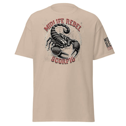 Scorpio Scorpion Zodiac T-shirt with astrology design, featuring Midlife Rebel text and striking graphic, ideal for passionate style seekers.