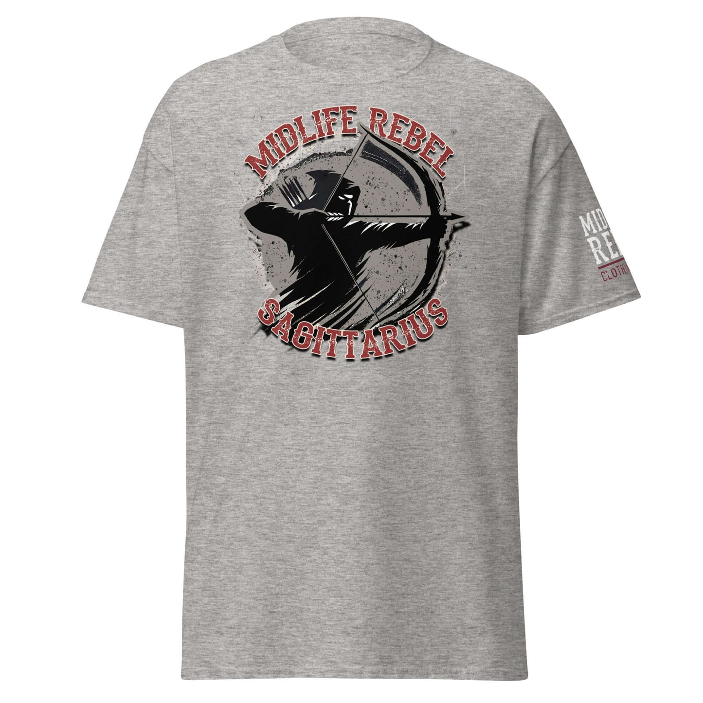 Sagittarius Archer T-shirt with Midlife Rebel design in grey, featuring a silhouette of an archer symbolizing adventure and freedom.