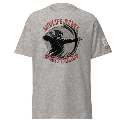 Sagittarius Archer T-shirt with Midlife Rebel design in grey, featuring a silhouette of an archer symbolizing adventure and freedom.