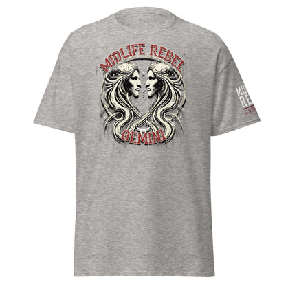 Gemini Twins Zodiac T-shirt with abstract gritty twin design by Midlife Rebel, celebrating Gemini's duality and spirit.