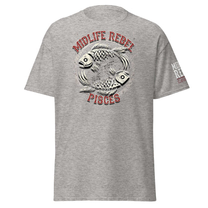 Grey unisex Pisces zodiac t-shirt featuring dual fish design, highlighting intuition and creativity. Perfect for astrology enthusiasts.