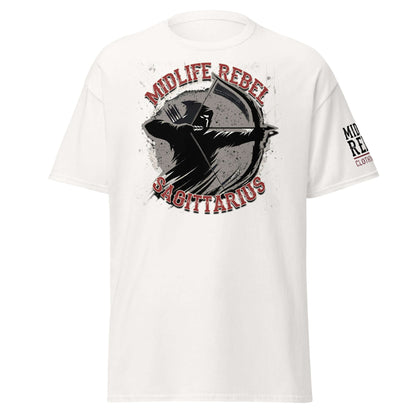 Sagittarius Archer T-shirt with Midlife Rebel design in grey, featuring a silhouette of an archer symbolizing adventure and freedom.