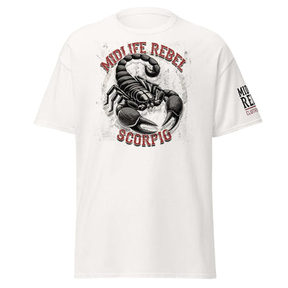 Scorpio Scorpion Zodiac T-shirt with bold design, featuring a striking scorpion graphic and 'Midlife Rebel' text on white cotton.