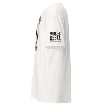 Side view of white Zodiac T-shirt with Scorpio Scorpion design, featuring Midlife Rebel text on the sleeve, made of 100% cotton.