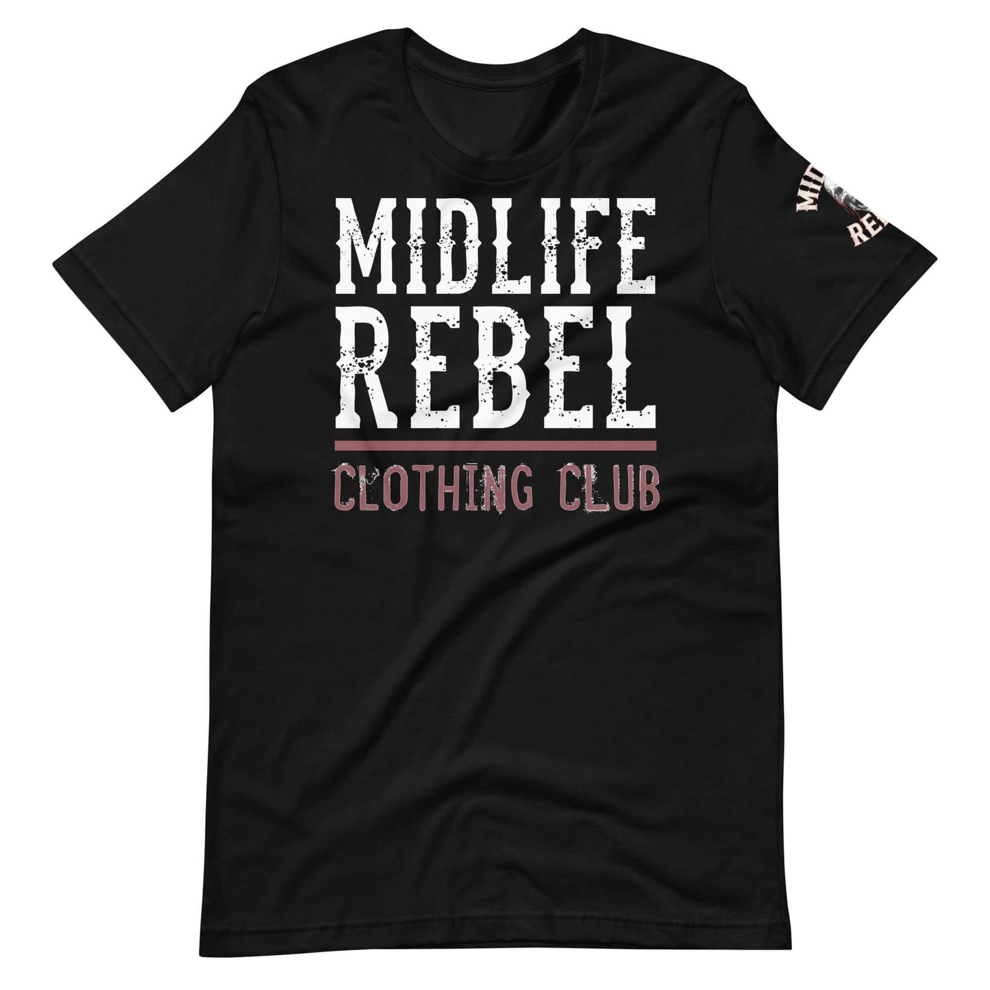 Black Midlife Rebel t-shirt with bold logo design, representing resilience and grit in the clothing club collection.