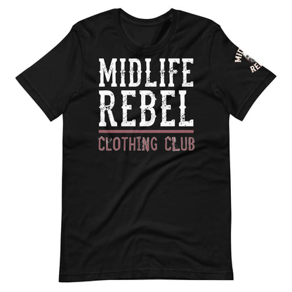 Black Midlife Rebel t-shirt with bold logo design, representing resilience and grit in the clothing club collection.