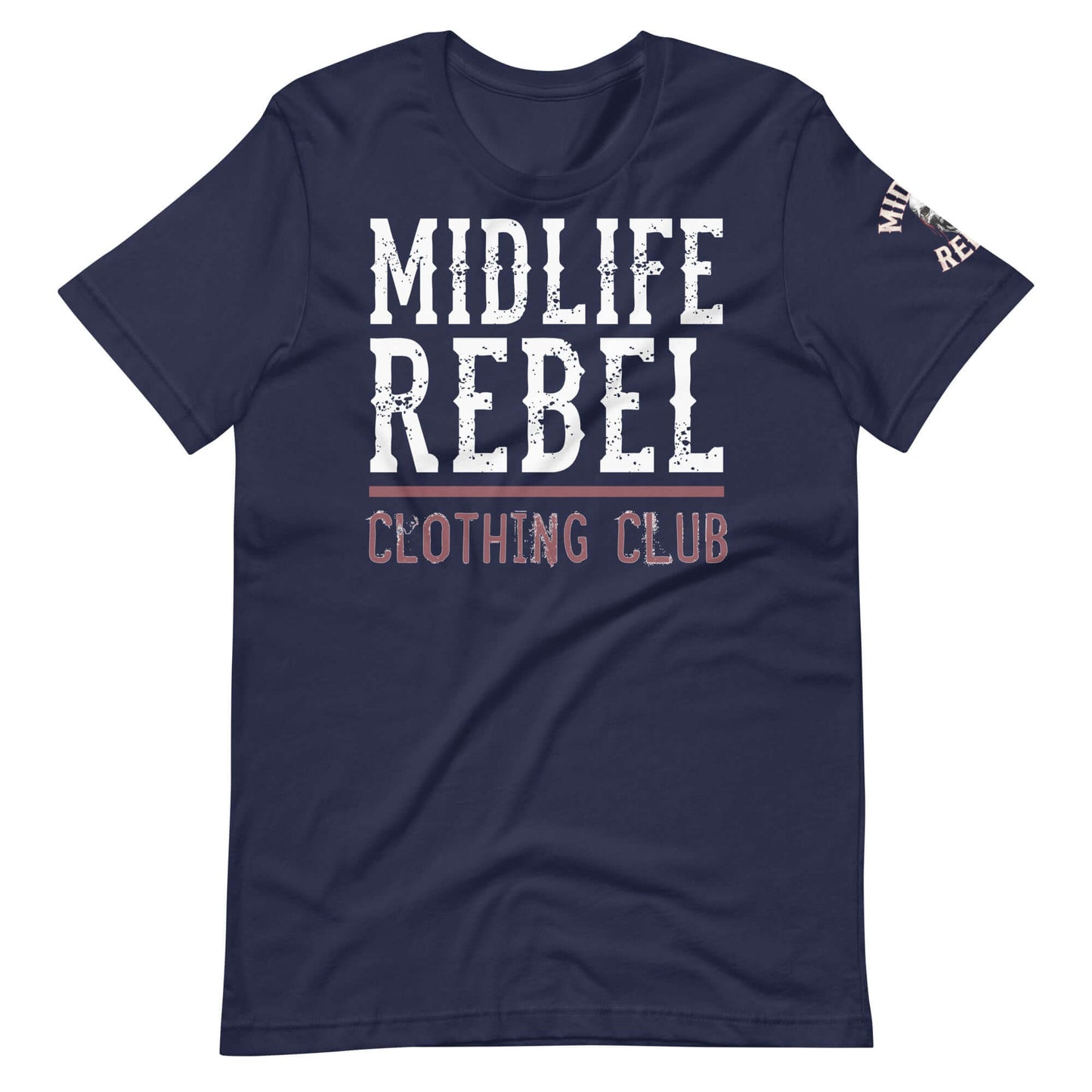 Navy t-shirt with Midlife Rebel Clothing Club logo, symbolizing resilience and individuality.