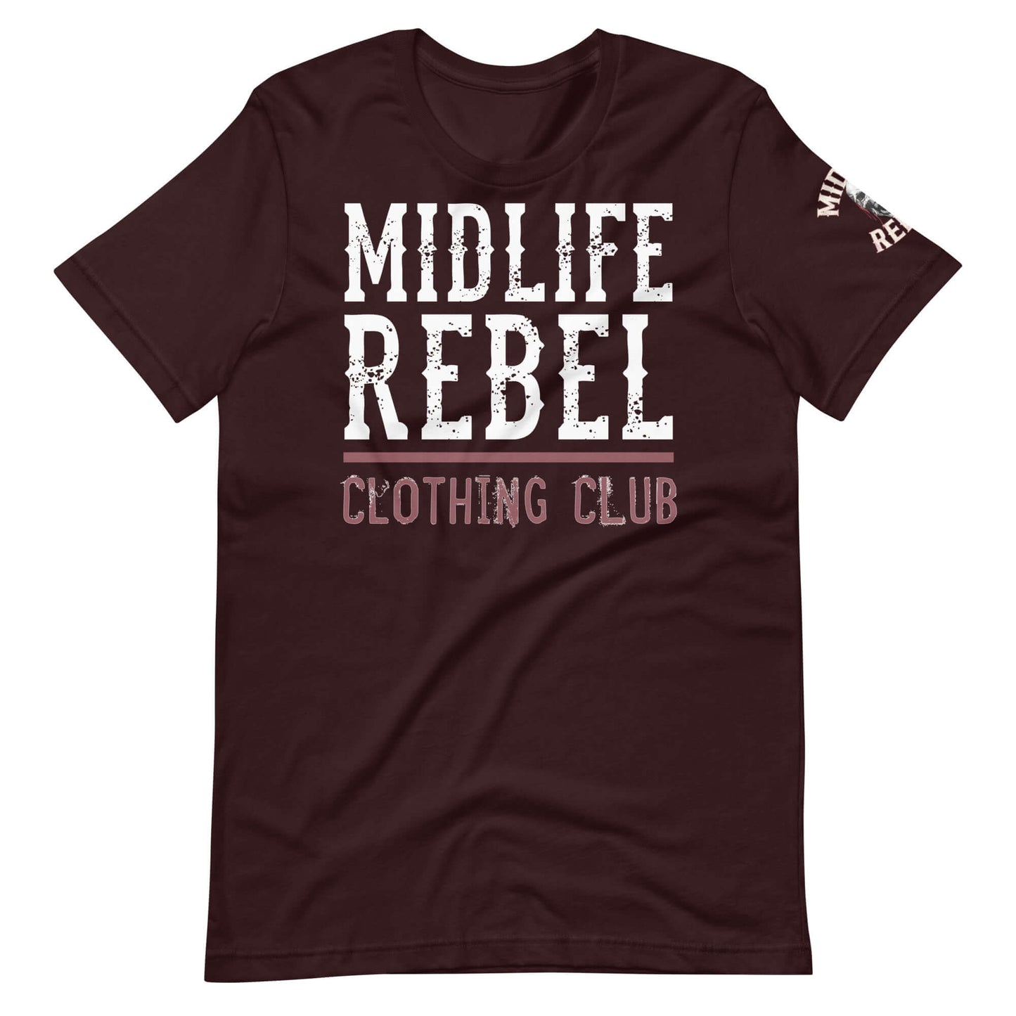 Midlife Rebel Logo Collection t-shirt in dark brown with bold, distressed white lettering for a resilient and gritty style.