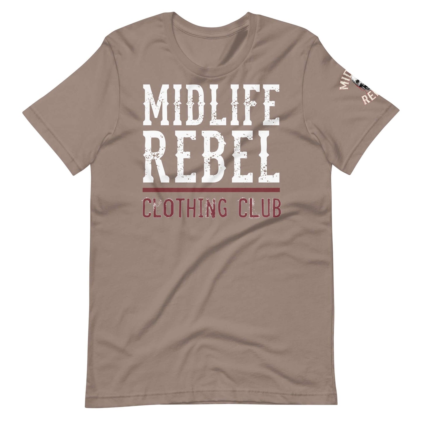 Midlife Rebel Logo Collection t-shirt showcasing bold design for resilience and individuality in taupe color.