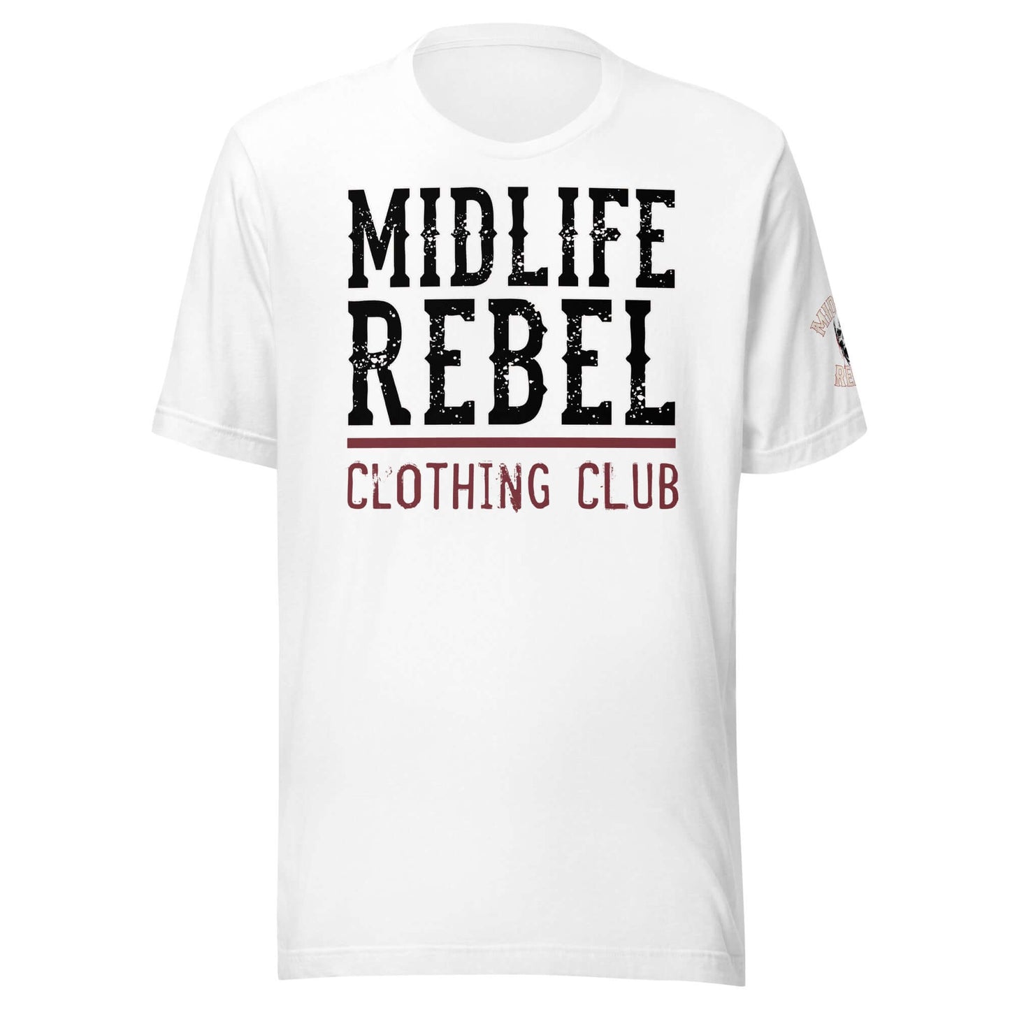 "Midlife Rebel Logo Collection t-shirt featuring bold text design on a white background symbolizing resilience and individuality"