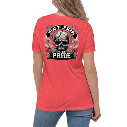 Woman wearing red t-shirt with "Wear Your Scars With Pride" skull design on the back, symbolizing resilience and strength.
